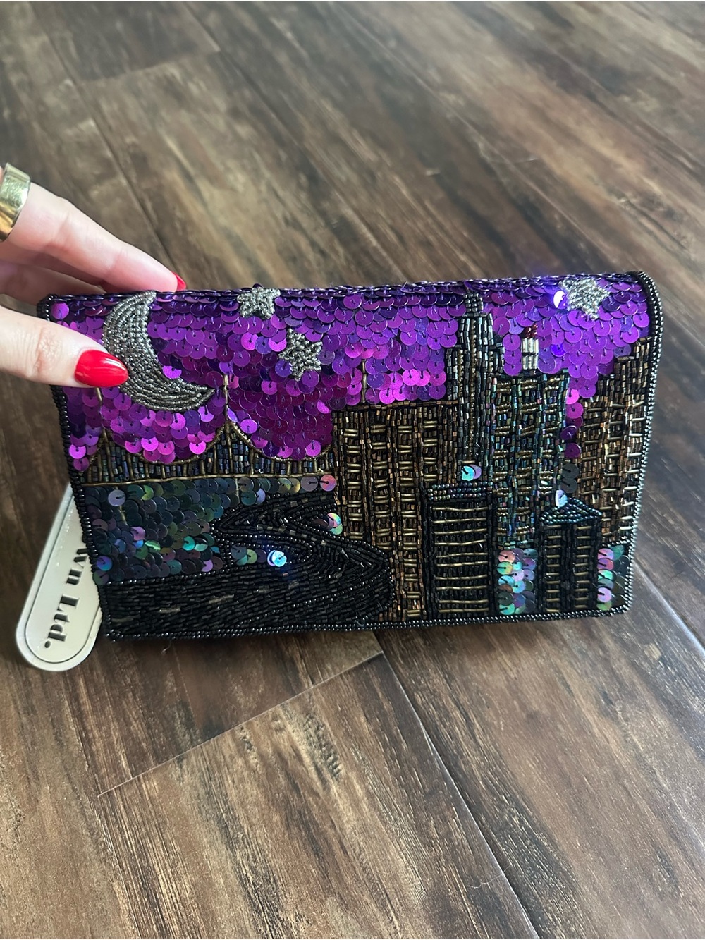 Sequin Cityscape Clutch Bag in Purple